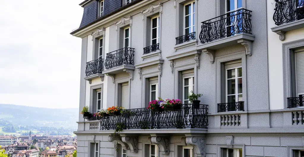 Façade d'immeuble résidentiel lausannois avec balcons typiques de l'architecture vaudoise