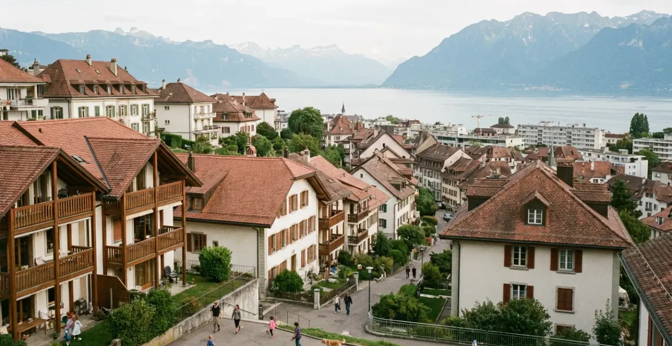 Vue panoramique de Lausanne avec immeubles résidentiels et lac Léman en arrière-plan